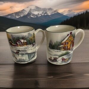 Set Of 2 Vtg O'Tannenbaum Coffee Cup Mug 1992 The Cellar Winter Family Snow Kids